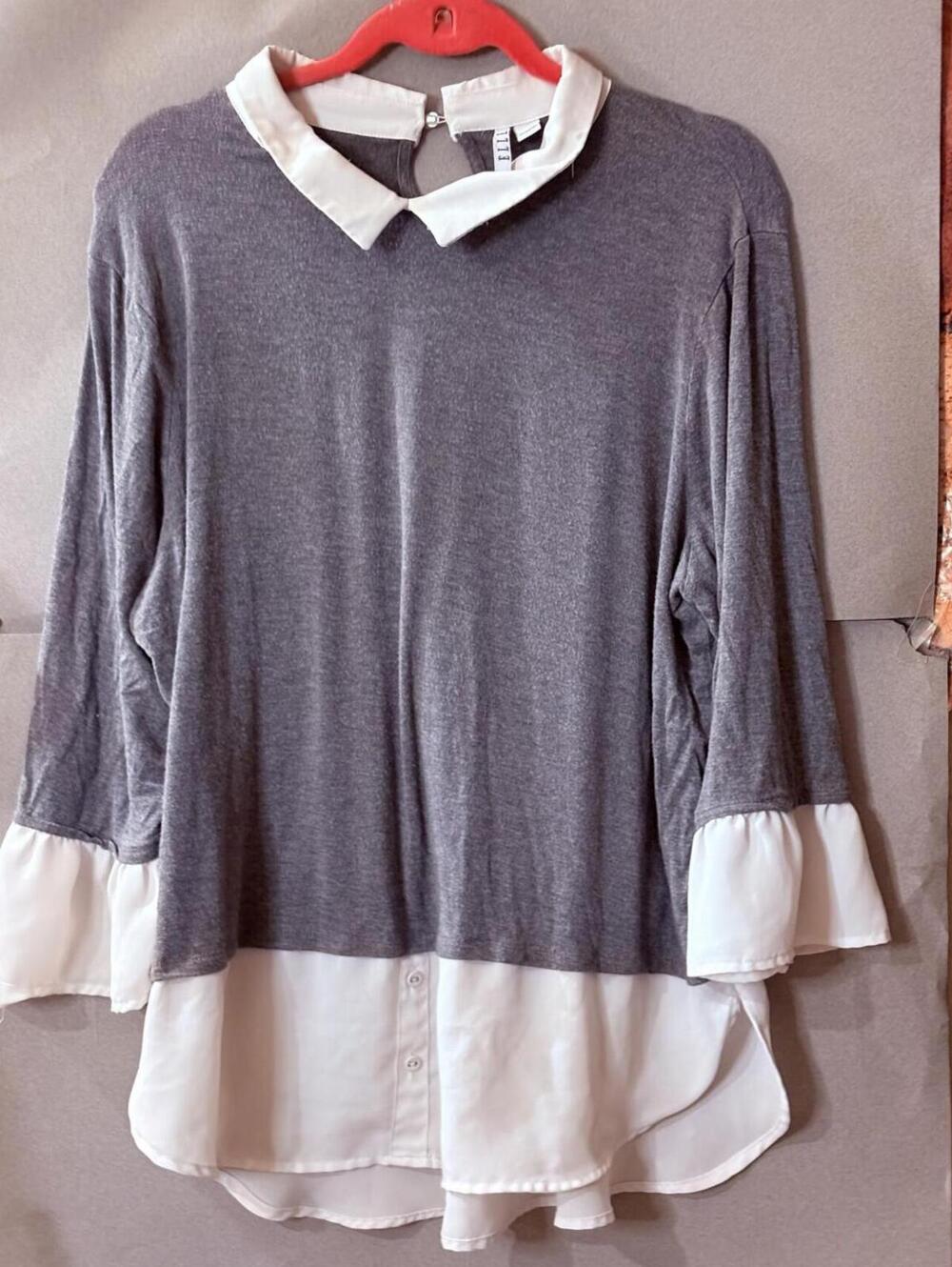 Elle Gray and White Layered Peter Pan Collar Tunic Blouse, Women's XXL